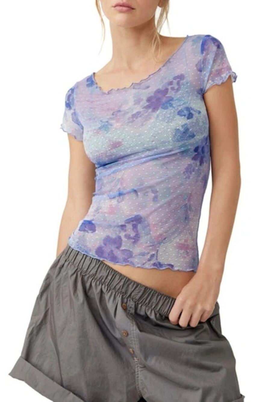 Intimately Free People "Print On The Dot" Floral Mesh Baby Tee – Size M
